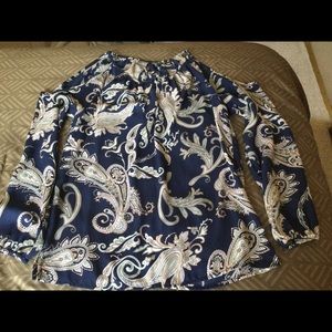 NY&Co Blue Paisley Long Sleeve Cold Shoulder Top